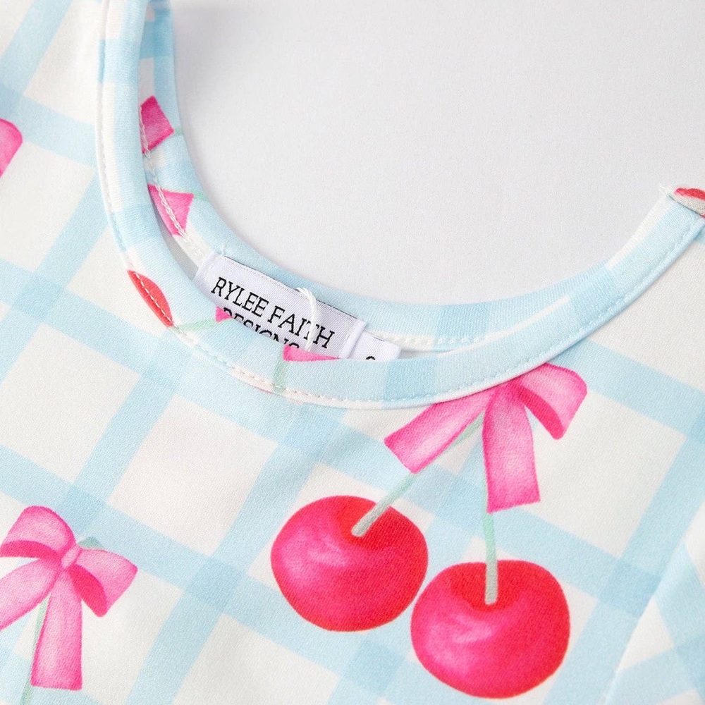Rylee Faith Designs Cherry Bow Print Girl Dress 2 3 4 5 6 7 8/9 4th of July - Picture 2 of 4